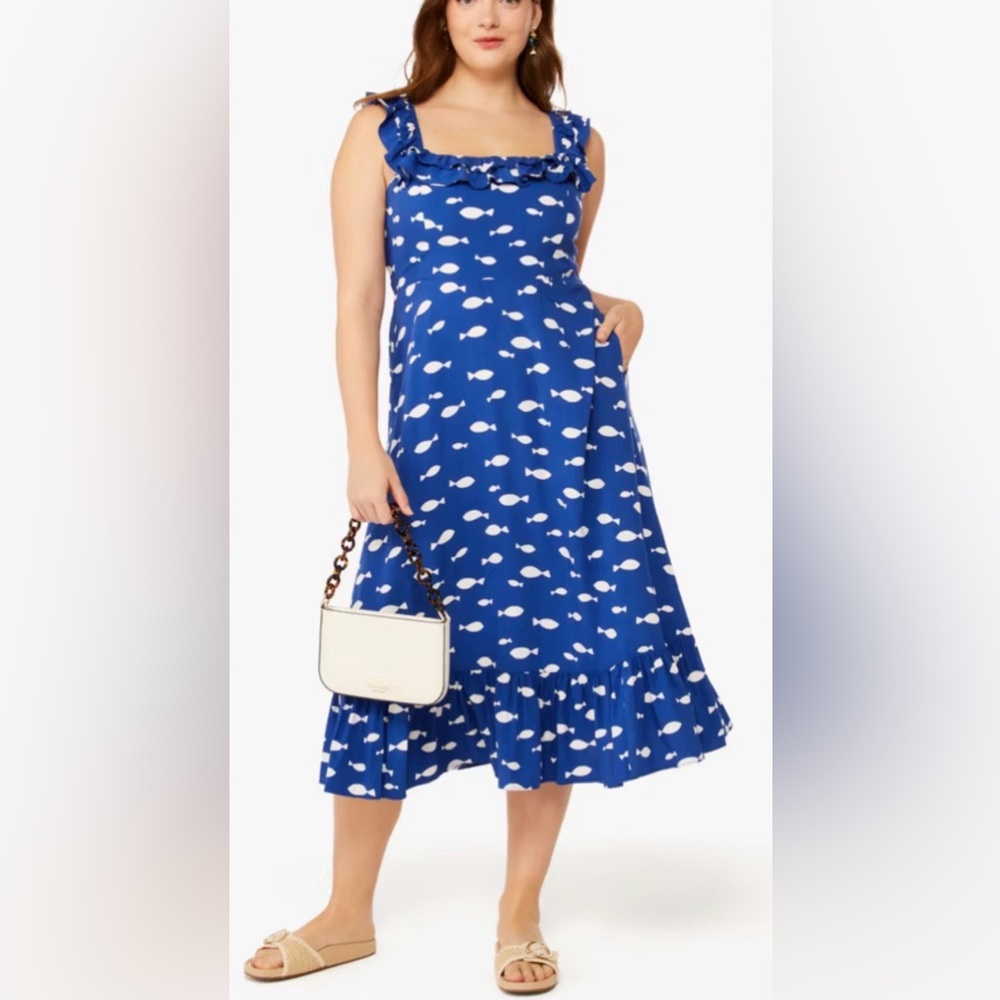 Kate Spade Blueberry Graphic Fish Ruffle Dress Size Large NWT